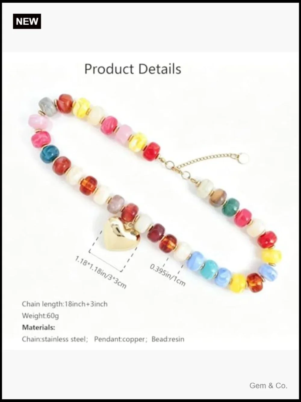Chunky Beaded Necklace with Gold Heart Pendant Statement Jewelry